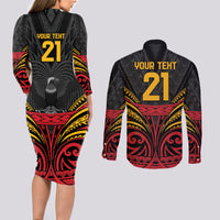 Custom Papua New Guinea Cricket Couples Matching Long Sleeve Bodycon Dress and Long Sleeve Button Shirt PNG Emblem Mix Polyneisan Pattern LT9 - Polynesian Pride