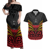 Custom Papua New Guinea Cricket Couples Matching Off Shoulder Maxi Dress and Hawaiian Shirt PNG Emblem Mix Polyneisan Pattern LT9 Black - Polynesian Pride