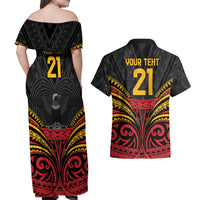 Custom Papua New Guinea Cricket Couples Matching Off Shoulder Maxi Dress and Hawaiian Shirt PNG Emblem Mix Polyneisan Pattern LT9 - Polynesian Pride