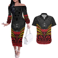 Custom Papua New Guinea Cricket Couples Matching Off The Shoulder Long Sleeve Dress and Hawaiian Shirt PNG Emblem Mix Polyneisan Pattern LT9 Black - Polynesian Pride