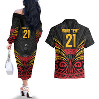 Custom Papua New Guinea Cricket Couples Matching Off The Shoulder Long Sleeve Dress and Hawaiian Shirt PNG Emblem Mix Polyneisan Pattern LT9 - Polynesian Pride