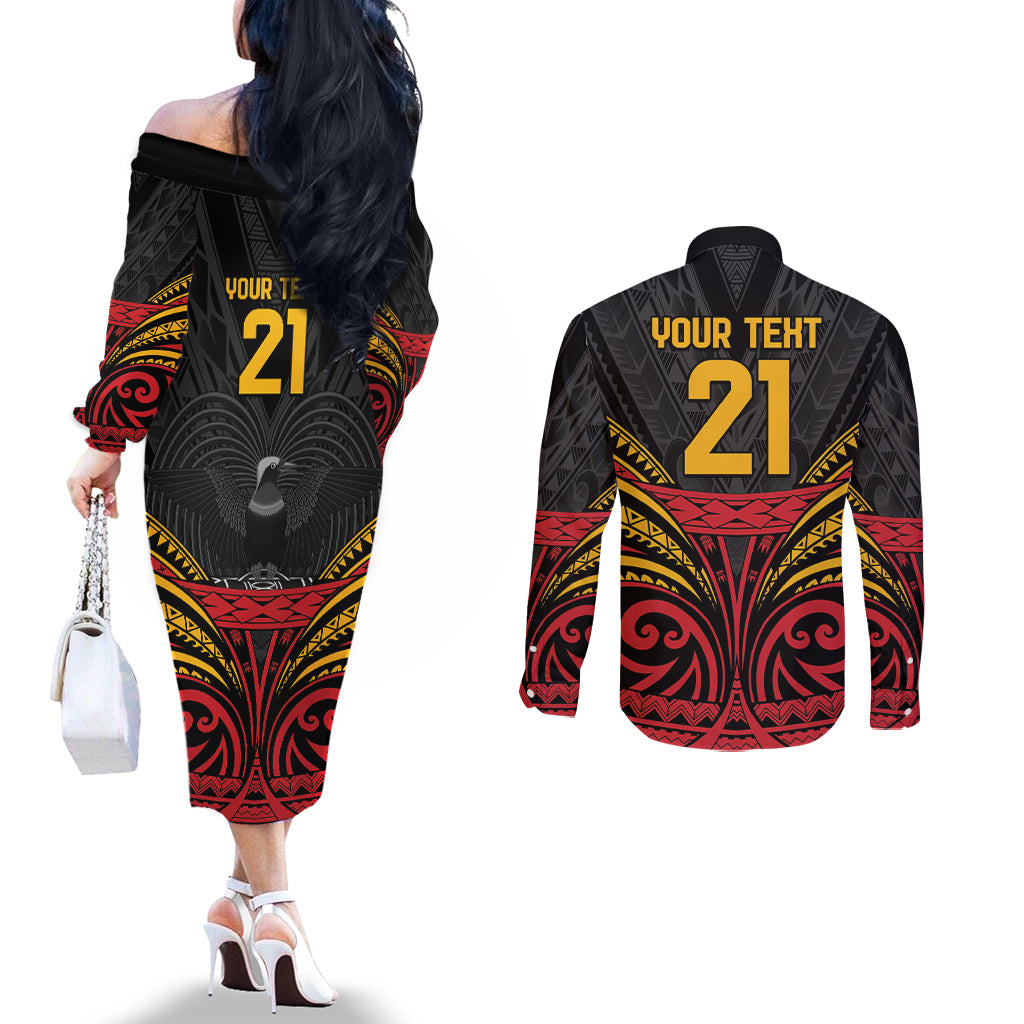 Custom Papua New Guinea Cricket Couples Matching Off The Shoulder Long Sleeve Dress and Long Sleeve Button Shirt PNG Emblem Mix Polyneisan Pattern LT9 - Polynesian Pride