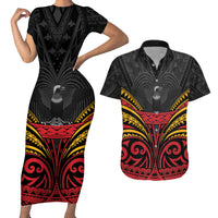 Custom Papua New Guinea Cricket Couples Matching Short Sleeve Bodycon Dress and Hawaiian Shirt PNG Emblem Mix Polyneisan Pattern LT9 Black - Polynesian Pride