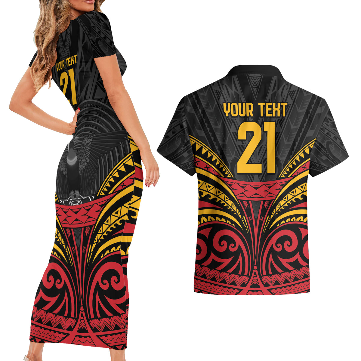 Custom Papua New Guinea Cricket Couples Matching Short Sleeve Bodycon Dress and Hawaiian Shirt PNG Emblem Mix Polyneisan Pattern LT9 - Polynesian Pride