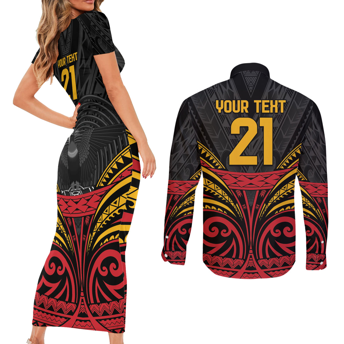 Custom Papua New Guinea Cricket Couples Matching Short Sleeve Bodycon Dress and Long Sleeve Button Shirt PNG Emblem Mix Polyneisan Pattern LT9 - Polynesian Pride
