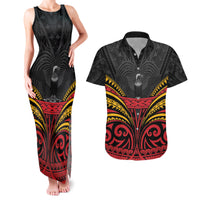 Custom Papua New Guinea Cricket Couples Matching Tank Maxi Dress and Hawaiian Shirt PNG Emblem Mix Polyneisan Pattern LT9 Black - Polynesian Pride