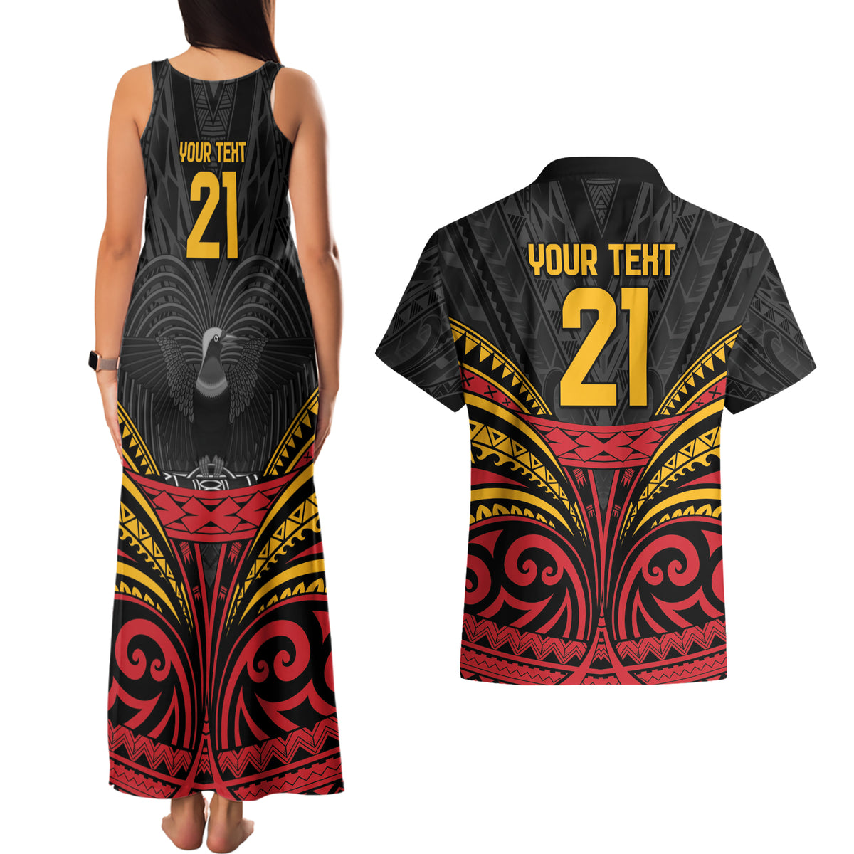 Custom Papua New Guinea Cricket Couples Matching Tank Maxi Dress and Hawaiian Shirt PNG Emblem Mix Polyneisan Pattern LT9 - Polynesian Pride