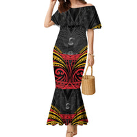 Custom Papua New Guinea Cricket Family Matching Mermaid Dress and Hawaiian Shirt PNG Emblem Mix Polyneisan Pattern LT9 Mom's Dress Black - Polynesian Pride