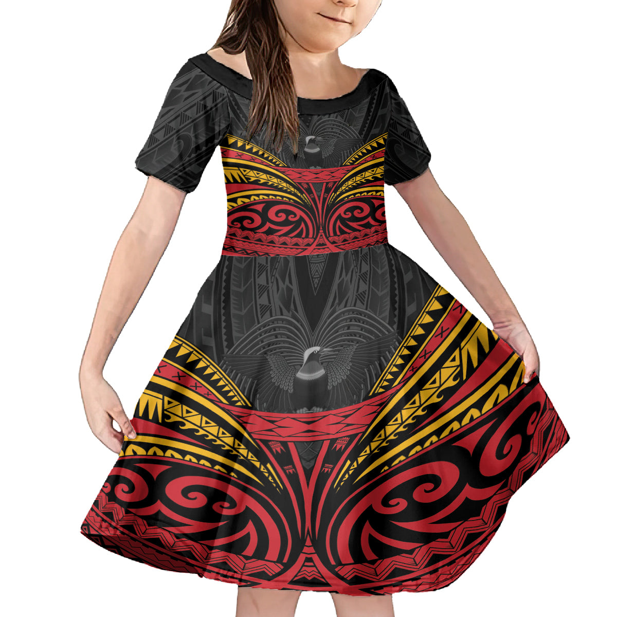 Custom Papua New Guinea Cricket Family Matching Off The Shoulder Long Sleeve Dress and Hawaiian Shirt PNG Emblem Mix Polyneisan Pattern LT9 Daughter's Dress Black - Polynesian Pride
