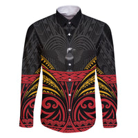 Custom Papua New Guinea Cricket Family Matching Off The Shoulder Long Sleeve Dress and Hawaiian Shirt PNG Emblem Mix Polyneisan Pattern LT9 Dad's Shirt - Long Sleeve Black - Polynesian Pride