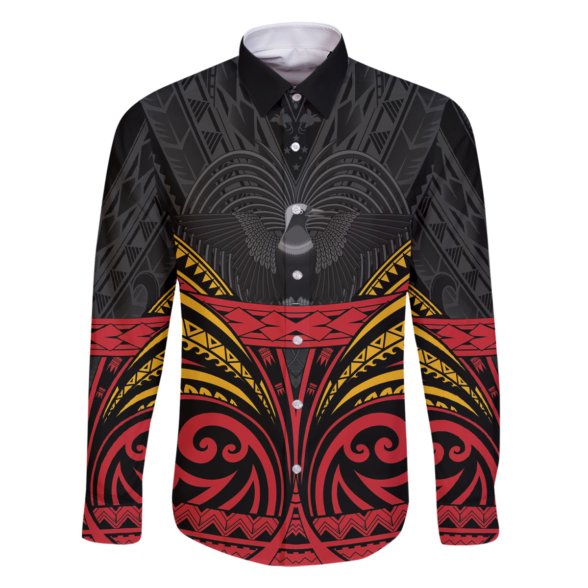 Custom Papua New Guinea Cricket Family Matching Off Shoulder Maxi Dress and Hawaiian Shirt PNG Emblem Mix Polyneisan Pattern LT9 Dad's Shirt - Long Sleeve Black - Polynesian Pride