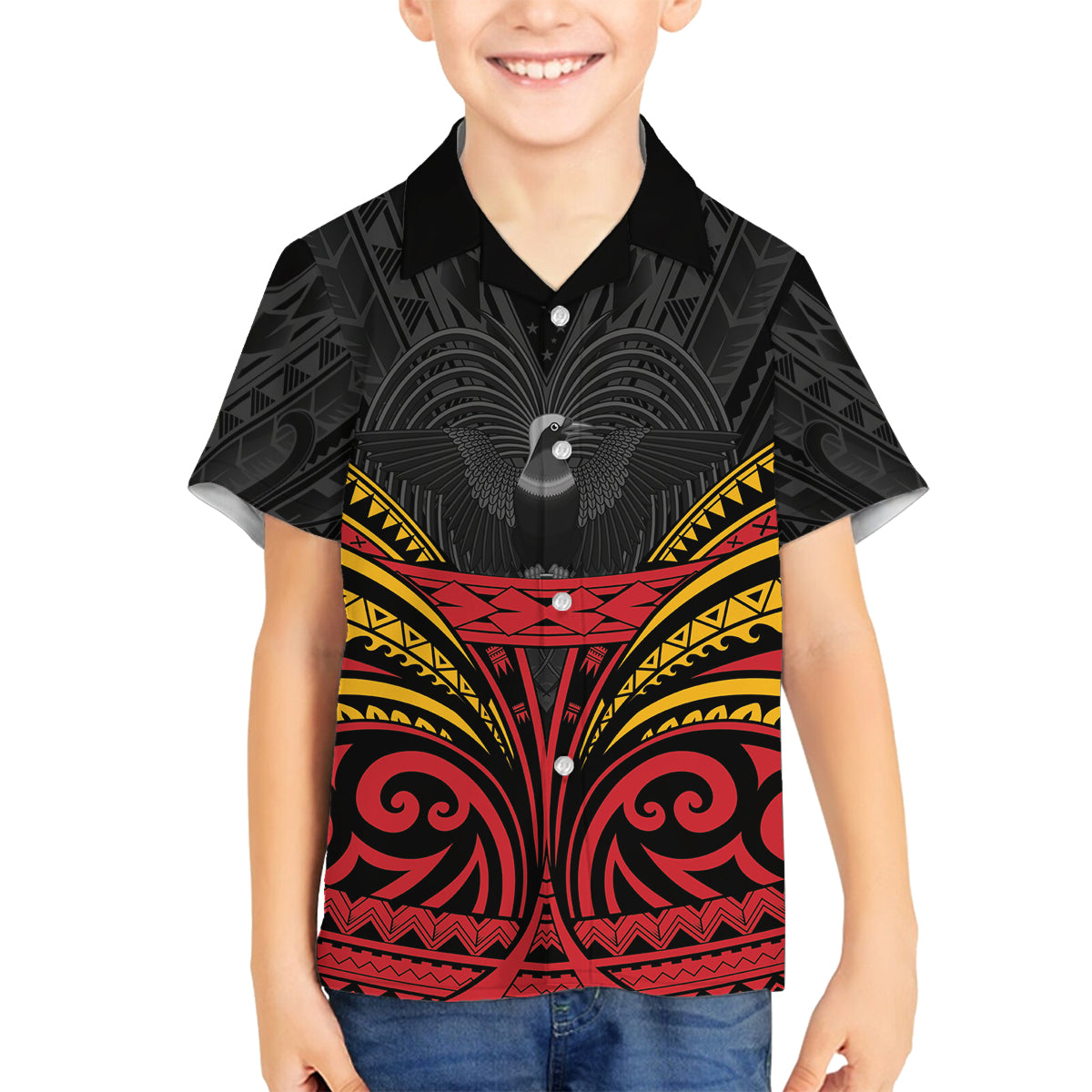 Custom Papua New Guinea Cricket Family Matching Off Shoulder Maxi Dress and Hawaiian Shirt PNG Emblem Mix Polyneisan Pattern LT9 Son's Shirt Black - Polynesian Pride