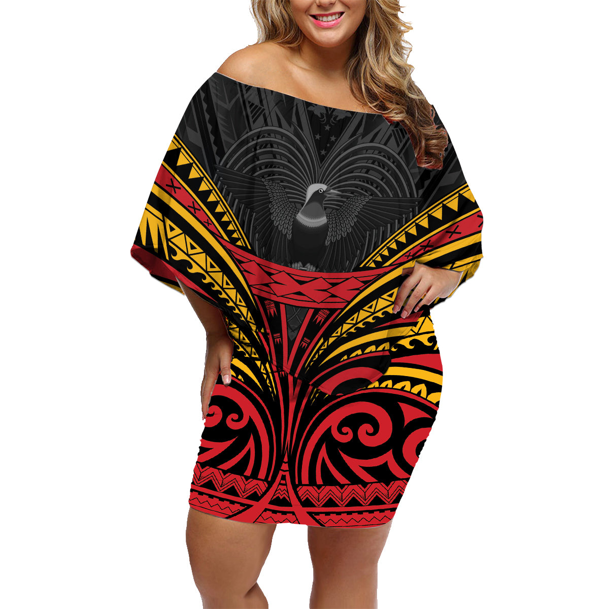 Custom Papua New Guinea Cricket Family Matching Off Shoulder Short Dress and Hawaiian Shirt PNG Emblem Mix Polyneisan Pattern LT9 Mom's Dress Black - Polynesian Pride