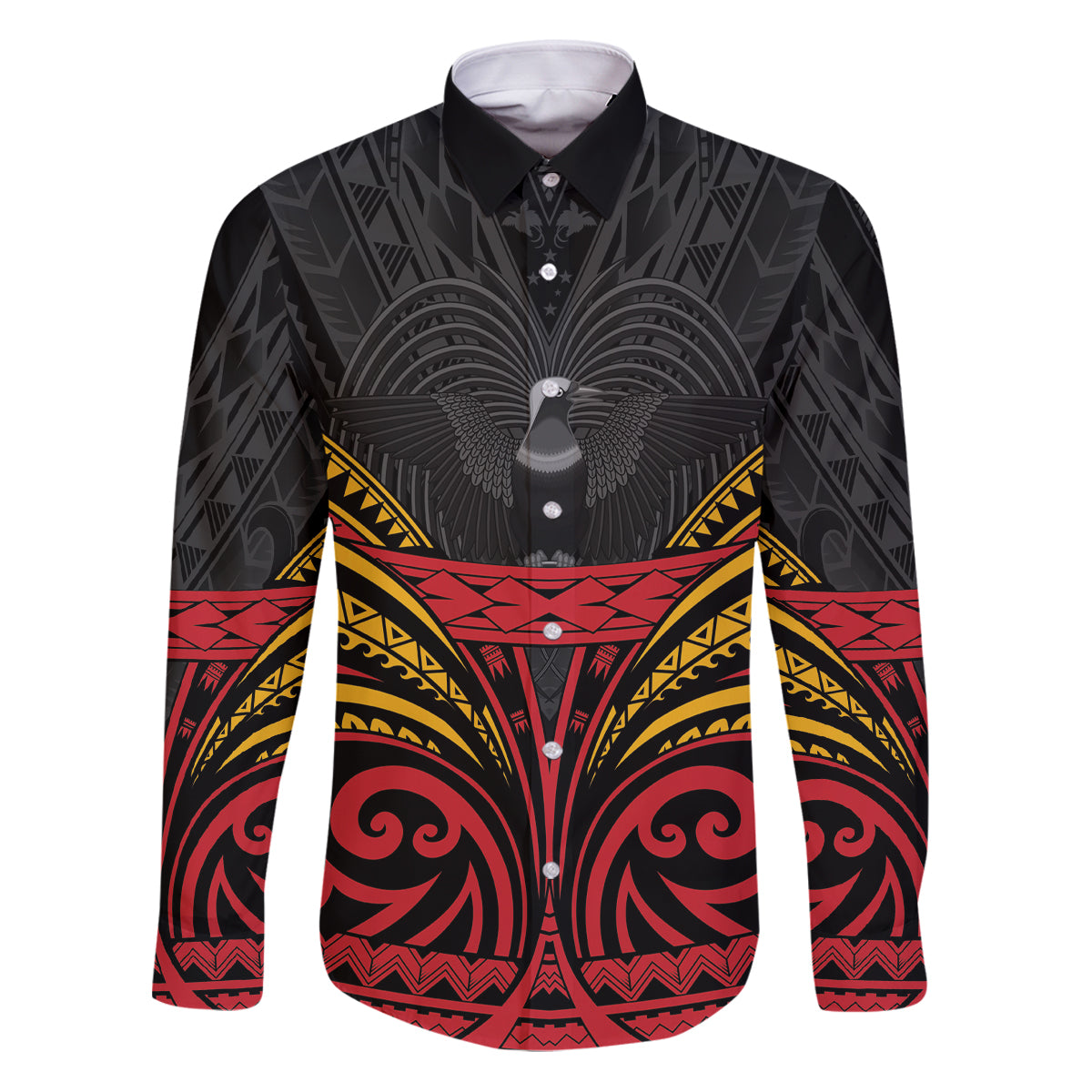 Custom Papua New Guinea Cricket Family Matching Puletasi and Hawaiian Shirt PNG Emblem Mix Polyneisan Pattern LT9 Dad's Shirt - Long Sleeve Black - Polynesian Pride