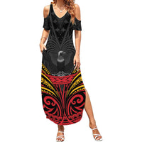 Custom Papua New Guinea Cricket Family Matching Summer Maxi Dress and Hawaiian Shirt PNG Emblem Mix Polyneisan Pattern LT9 Mom's Dress Black - Polynesian Pride