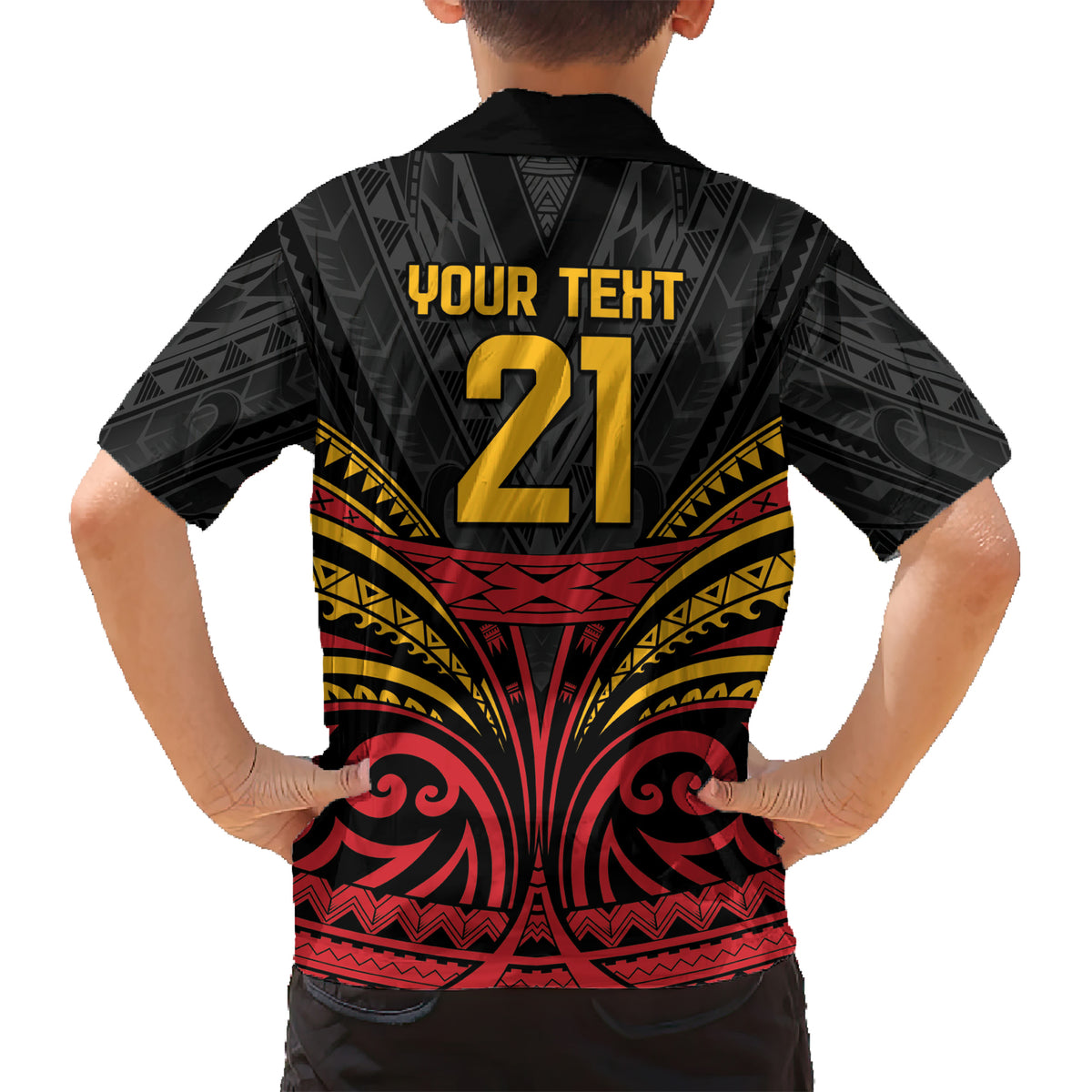 Custom Papua New Guinea Cricket Kid Hawaiian Shirt PNG Emblem Mix Polyneisan Pattern