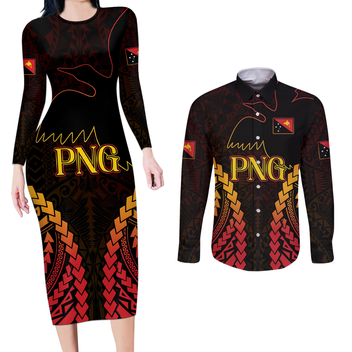 Custom Papua New Guinea Cricket Couples Matching Long Sleeve Bodycon Dress and Long Sleeve Button Shirt Go Barramundis LT9 Black - Polynesian Pride