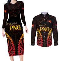 Custom Papua New Guinea Cricket Couples Matching Long Sleeve Bodycon Dress and Long Sleeve Button Shirt Go Barramundis LT9 Black - Polynesian Pride