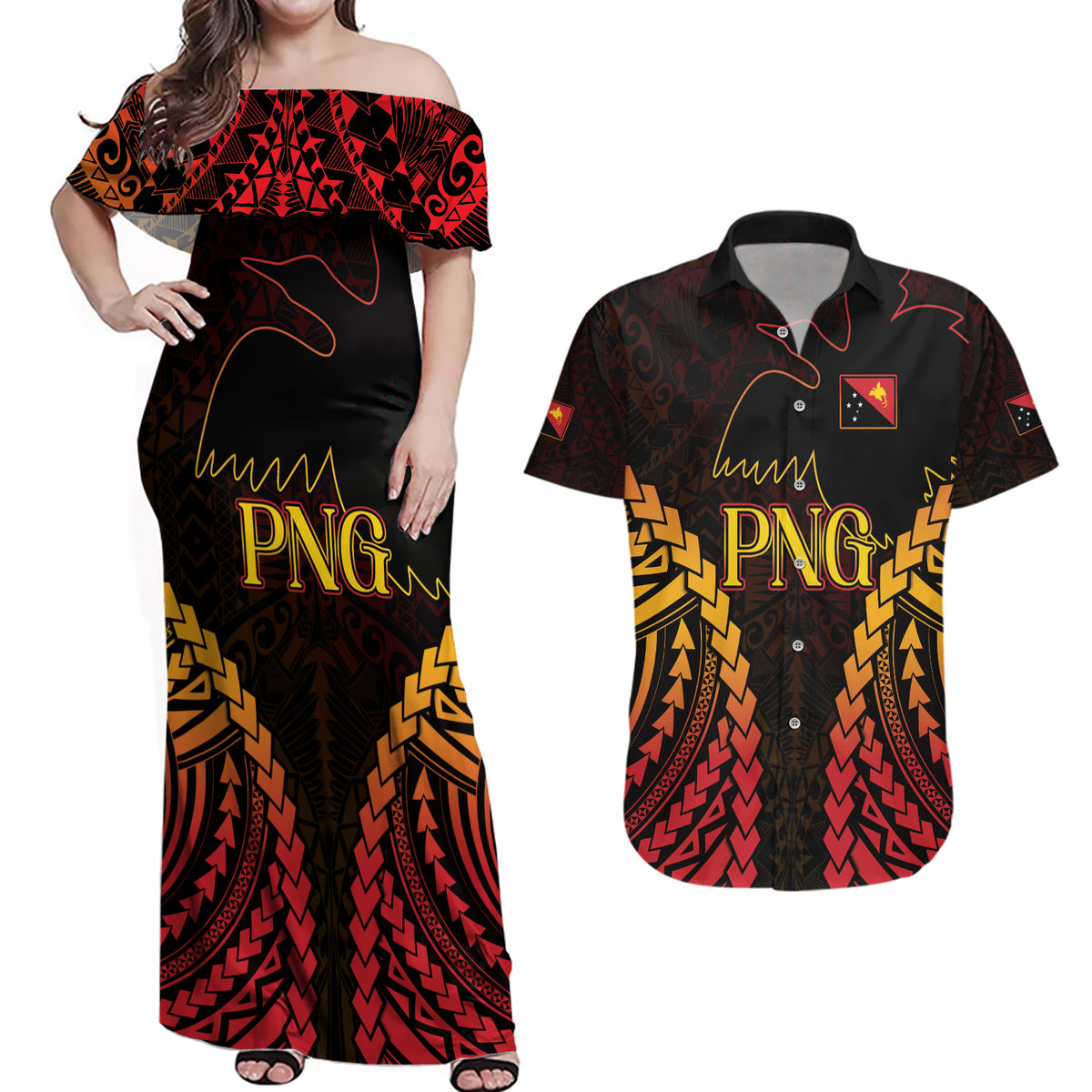 Custom Papua New Guinea Cricket Couples Matching Off Shoulder Maxi Dress and Hawaiian Shirt Go Barramundis LT9 Black - Polynesian Pride