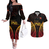 Custom Papua New Guinea Cricket Couples Matching Off The Shoulder Long Sleeve Dress and Hawaiian Shirt Go Barramundis LT9 Black - Polynesian Pride