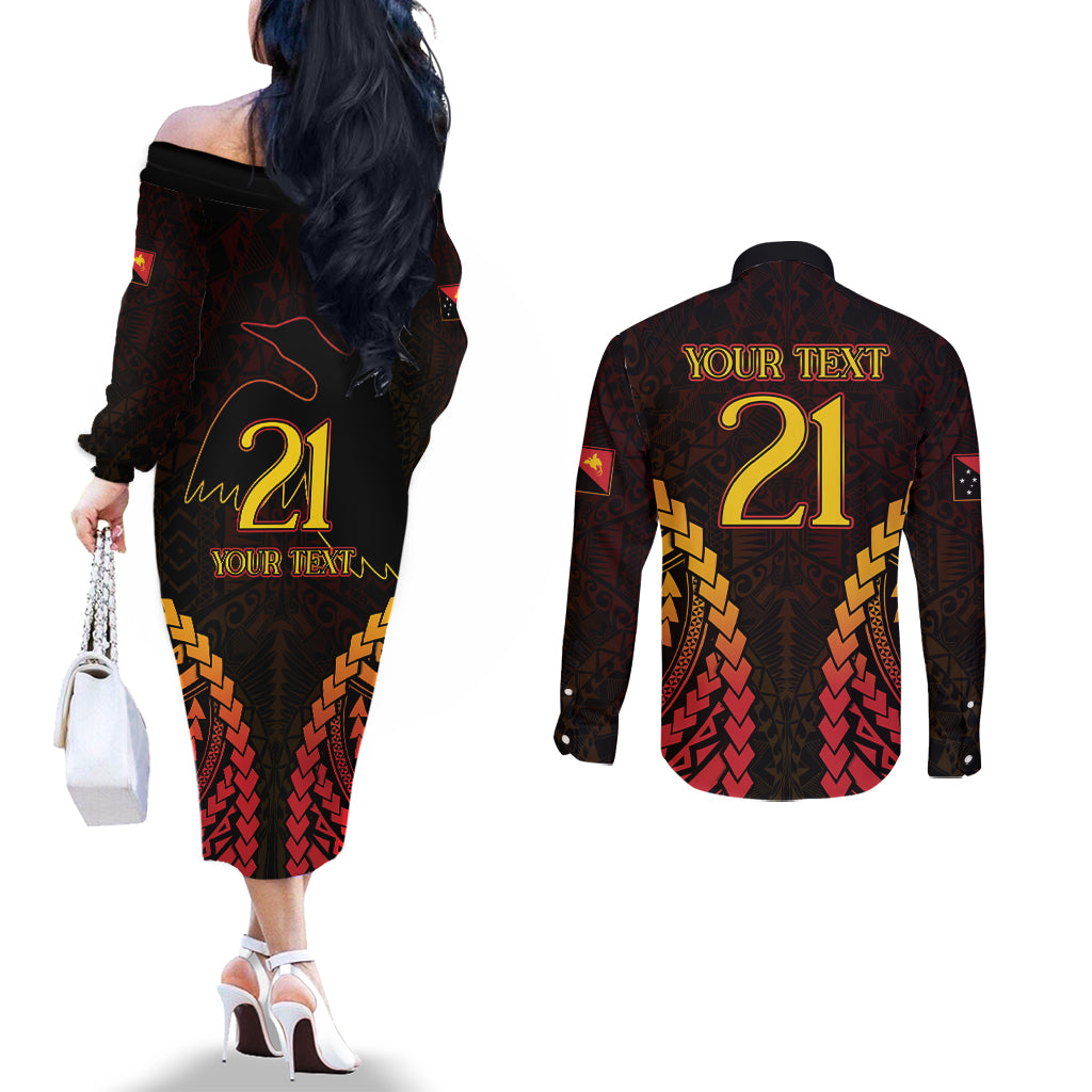 Custom Papua New Guinea Cricket Couples Matching Off The Shoulder Long Sleeve Dress and Long Sleeve Button Shirt Go Barramundis LT9 - Polynesian Pride