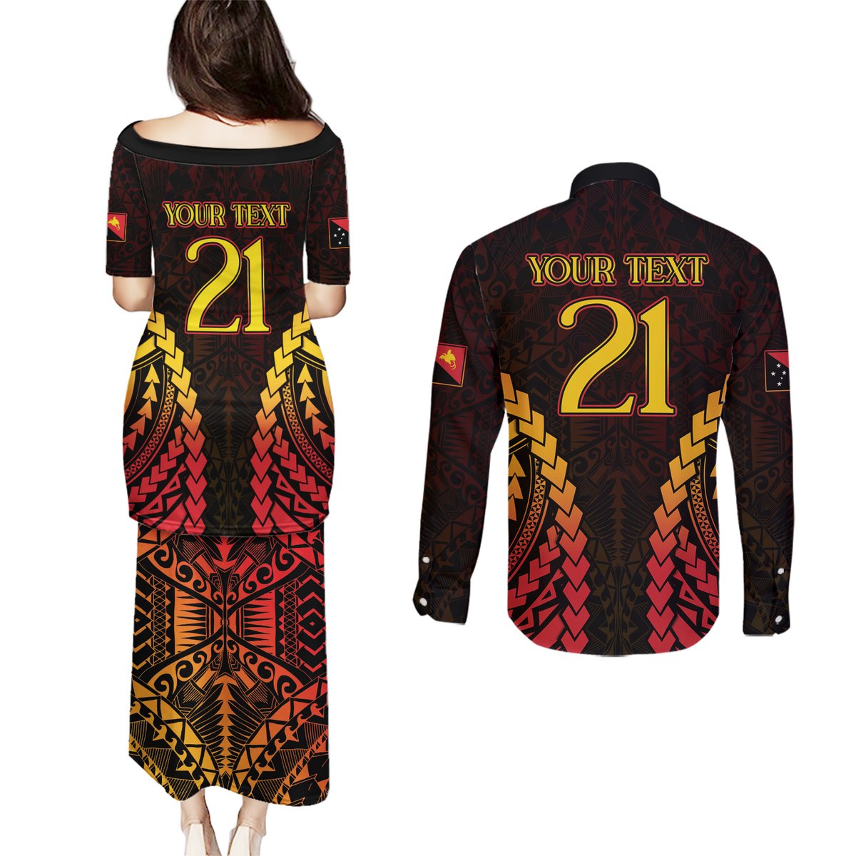 Custom Papua New Guinea Cricket Couples Matching Puletasi and Long Sleeve Button Shirt Go Barramundis