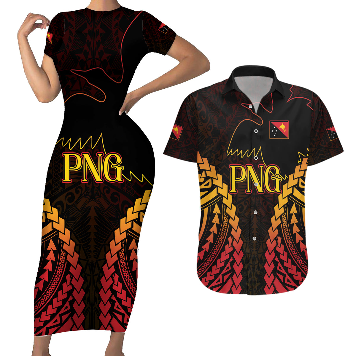 Custom Papua New Guinea Cricket Couples Matching Short Sleeve Bodycon Dress and Hawaiian Shirt Go Barramundis LT9 Black - Polynesian Pride
