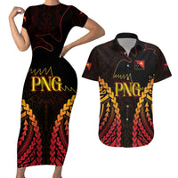 Custom Papua New Guinea Cricket Couples Matching Short Sleeve Bodycon Dress and Hawaiian Shirt Go Barramundis LT9 Black - Polynesian Pride