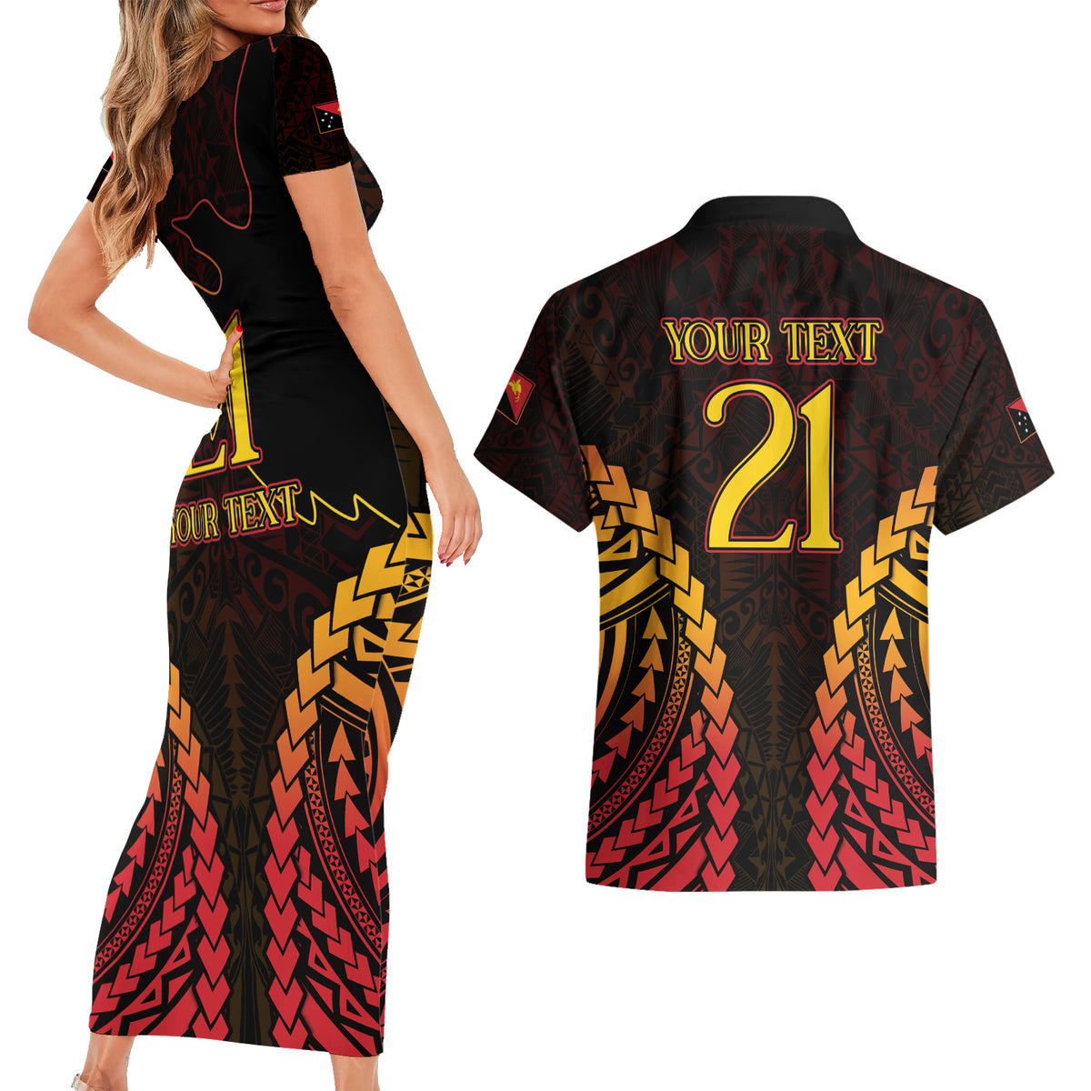 Custom Papua New Guinea Cricket Couples Matching Short Sleeve Bodycon Dress and Hawaiian Shirt Go Barramundis LT9 - Polynesian Pride
