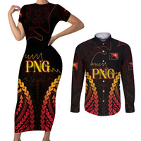 Custom Papua New Guinea Cricket Couples Matching Short Sleeve Bodycon Dress and Long Sleeve Button Shirt Go Barramundis LT9 Black - Polynesian Pride