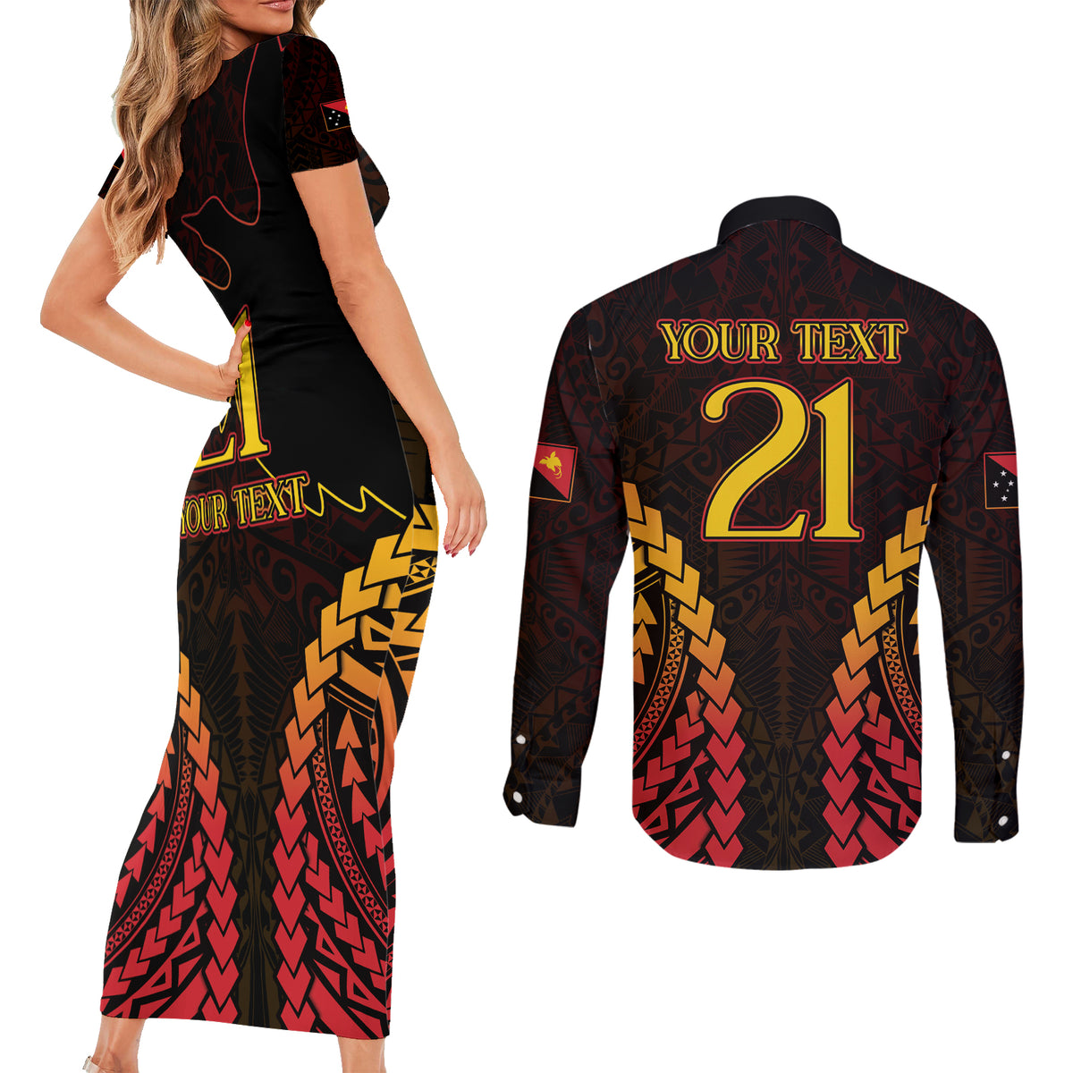 Custom Papua New Guinea Cricket Couples Matching Short Sleeve Bodycon Dress and Long Sleeve Button Shirt Go Barramundis LT9 - Polynesian Pride