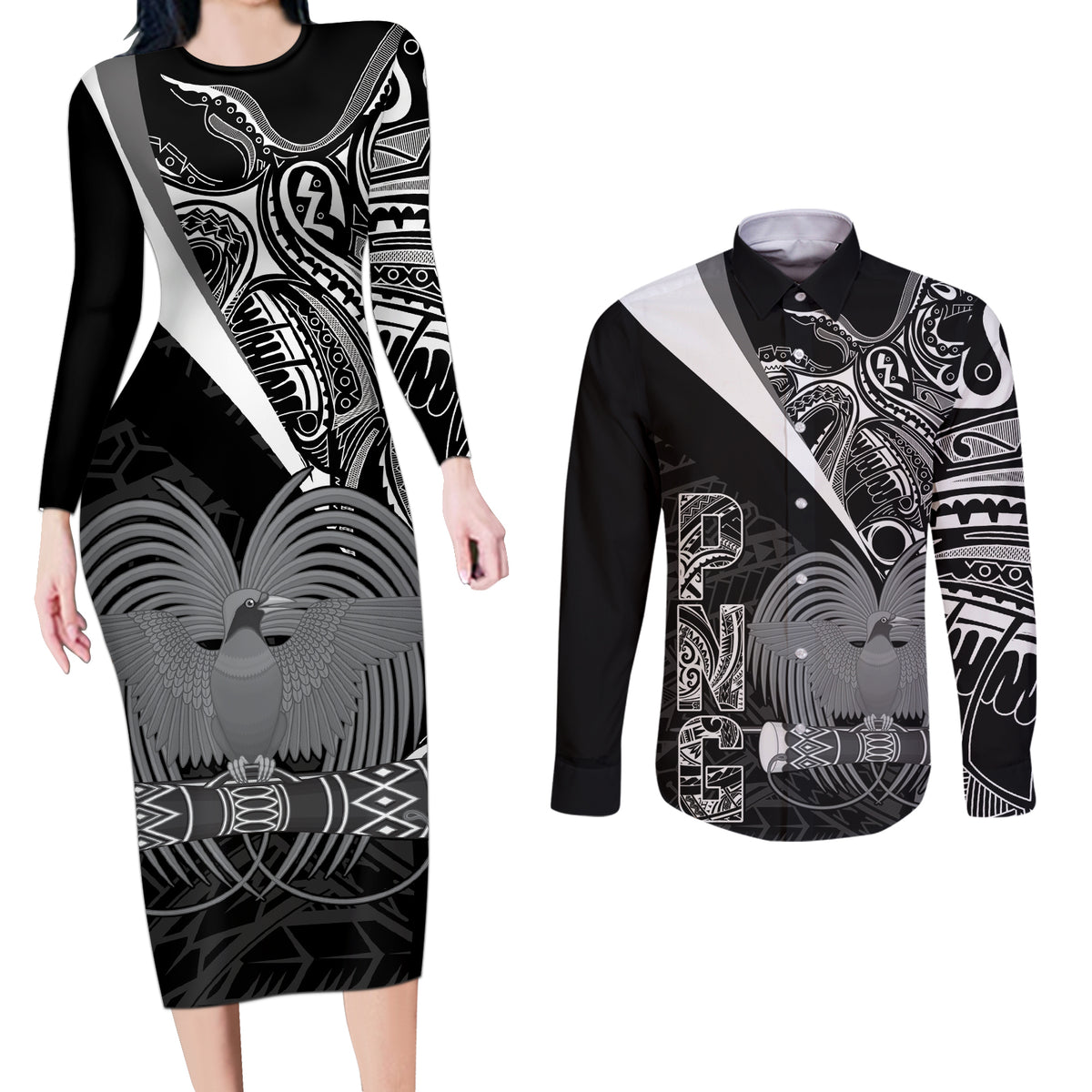 Custom Papua New Guinea Cricket Couples Matching Long Sleeve Bodycon Dress and Long Sleeve Button Shirt Tribal Bird of Paradise Tattoo LT9 Black - Polynesian Pride