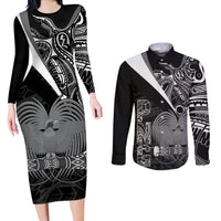 Custom Papua New Guinea Cricket Couples Matching Long Sleeve Bodycon Dress and Long Sleeve Button Shirt Tribal Bird of Paradise Tattoo LT9 Black - Polynesian Pride
