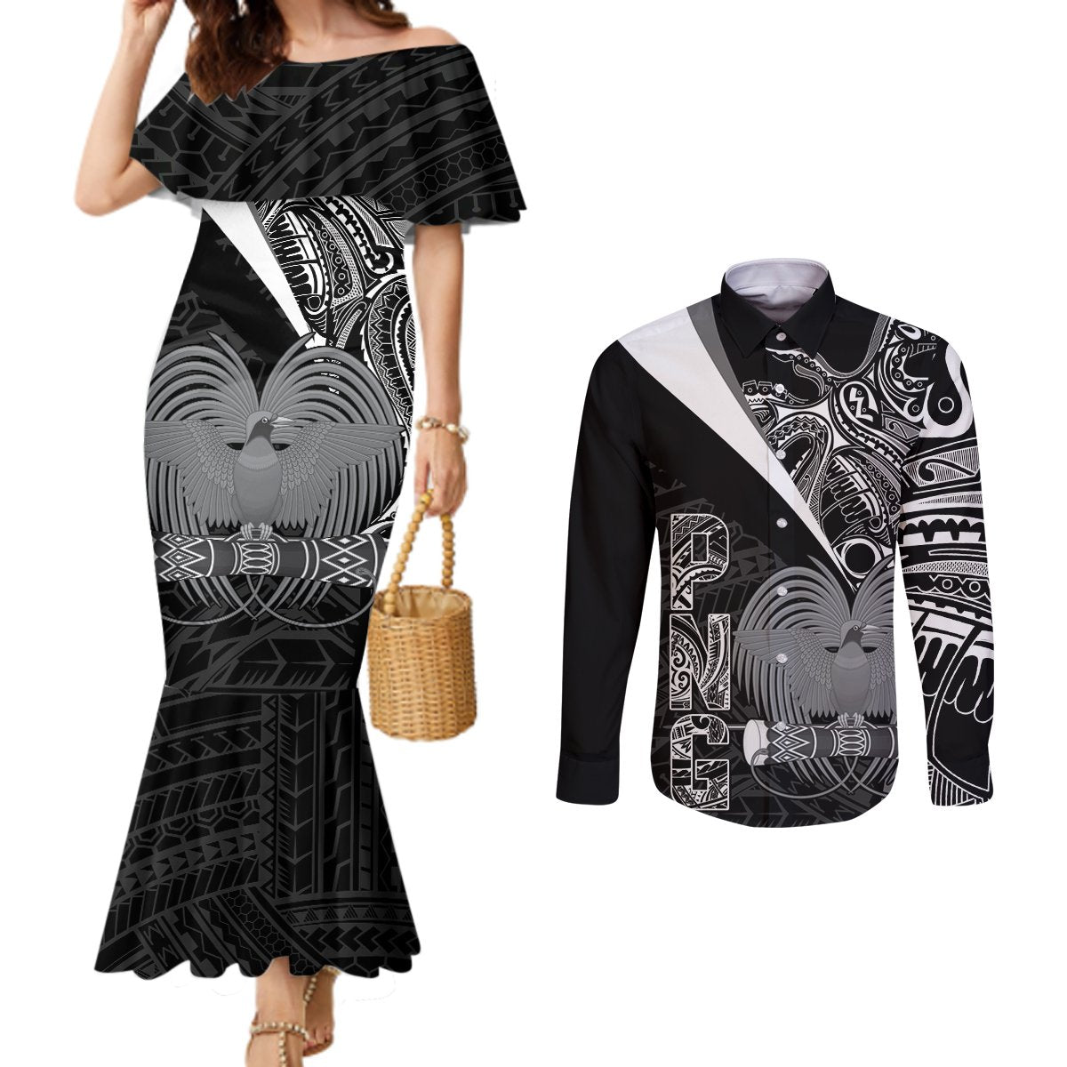 Custom Papua New Guinea Cricket Couples Matching Mermaid Dress and Long Sleeve Button Shirt Tribal Bird of Paradise Tattoo