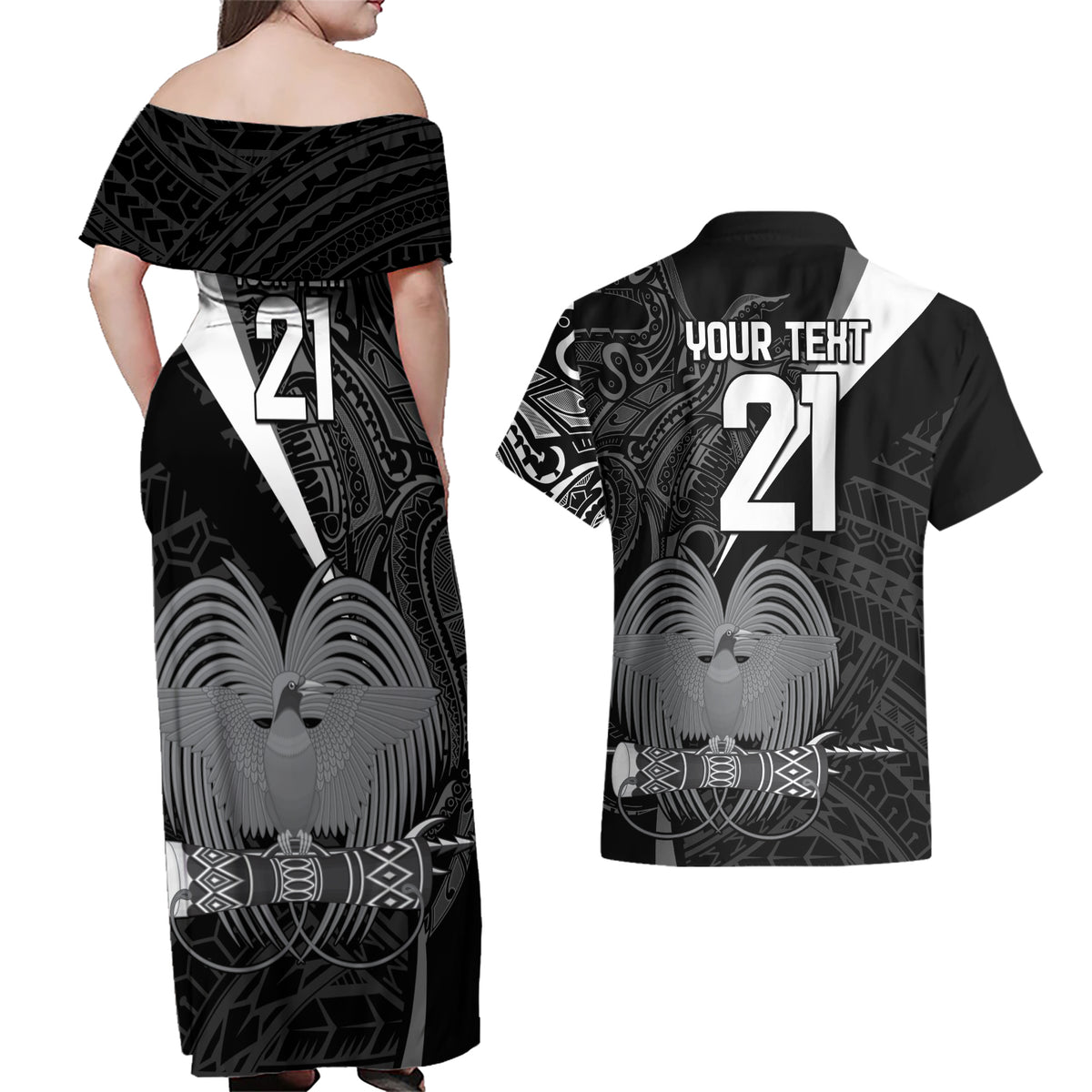 Custom Papua New Guinea Cricket Couples Matching Off Shoulder Maxi Dress and Hawaiian Shirt Tribal Bird of Paradise Tattoo LT9 - Polynesian Pride