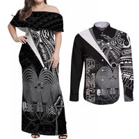 Custom Papua New Guinea Cricket Couples Matching Off Shoulder Maxi Dress and Long Sleeve Button Shirt Tribal Bird of Paradise Tattoo LT9 Black - Polynesian Pride