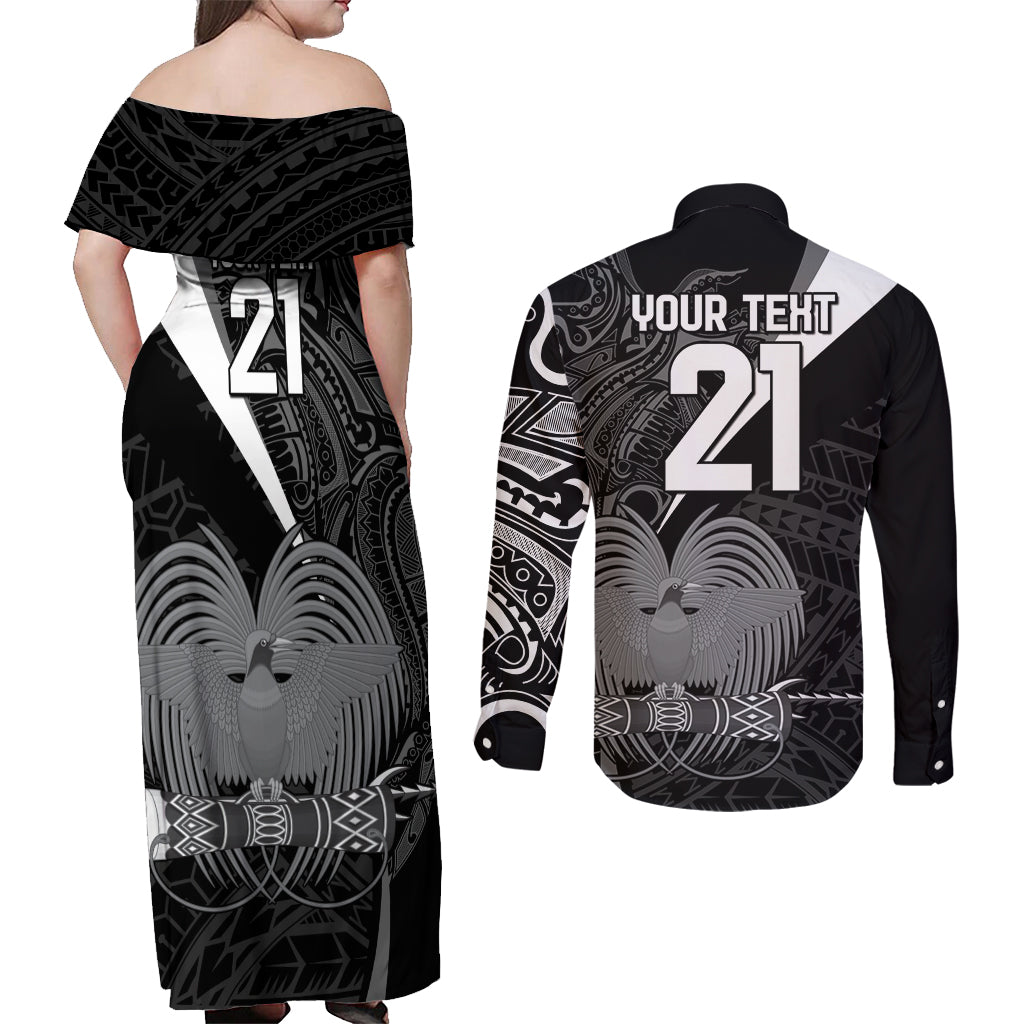 Custom Papua New Guinea Cricket Couples Matching Off Shoulder Maxi Dress and Long Sleeve Button Shirt Tribal Bird of Paradise Tattoo LT9 - Polynesian Pride