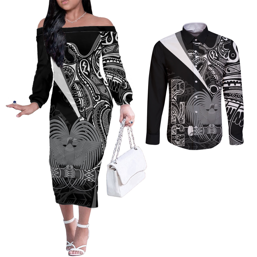 Custom Papua New Guinea Cricket Couples Matching Off The Shoulder Long Sleeve Dress and Long Sleeve Button Shirt Tribal Bird of Paradise Tattoo LT9 Black - Polynesian Pride