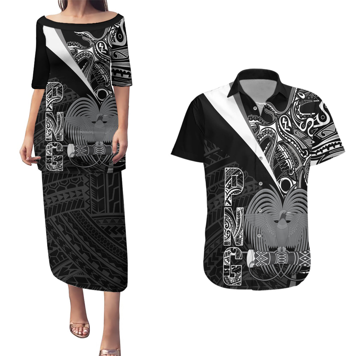 Custom Papua New Guinea Cricket Couples Matching Puletasi and Hawaiian Shirt Tribal Bird of Paradise Tattoo LT9 Black - Polynesian Pride