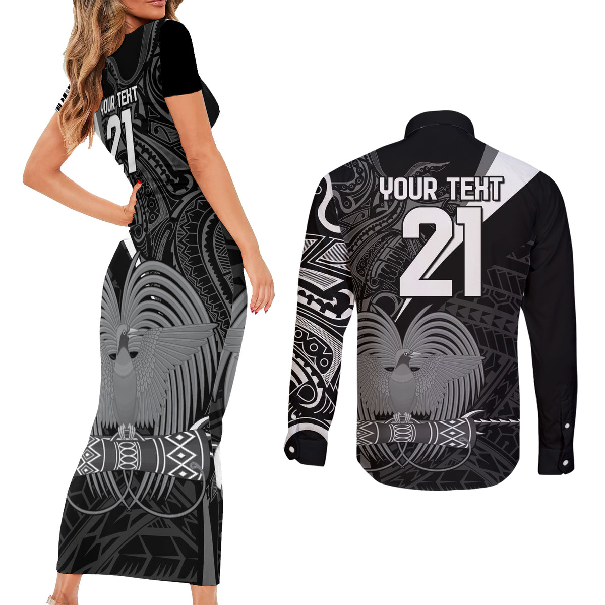 Custom Papua New Guinea Cricket Couples Matching Short Sleeve Bodycon Dress and Long Sleeve Button Shirt Tribal Bird of Paradise Tattoo LT9 - Polynesian Pride