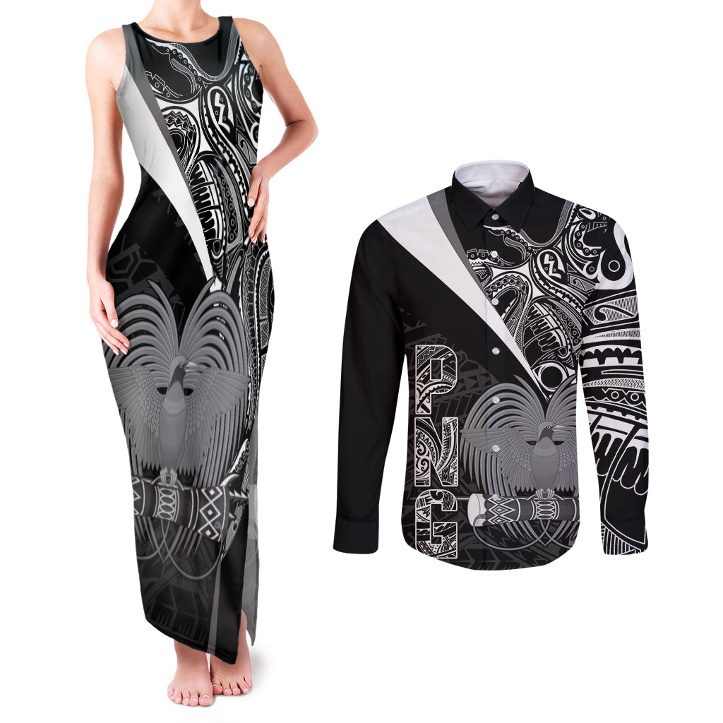 Custom Papua New Guinea Cricket Couples Matching Tank Maxi Dress and Long Sleeve Button Shirt Tribal Bird of Paradise Tattoo LT9 Black - Polynesian Pride