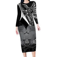 Custom Papua New Guinea Cricket Family Matching Long Sleeve Bodycon Dress and Hawaiian Shirt Tribal Bird of Paradise Tattoo LT9 Mom's Dress Black - Polynesian Pride