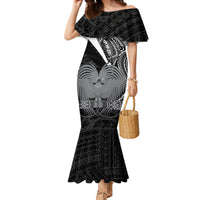 Custom Papua New Guinea Cricket Family Matching Mermaid Dress and Hawaiian Shirt Tribal Bird of Paradise Tattoo LT9 Mom's Dress Black - Polynesian Pride