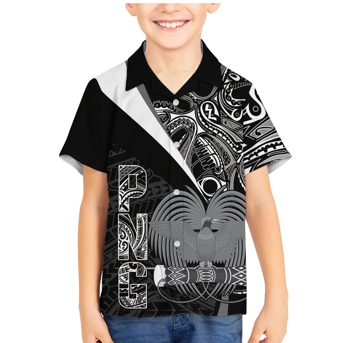 Custom Papua New Guinea Cricket Family Matching Mermaid Dress and Hawaiian Shirt Tribal Bird of Paradise Tattoo LT9 Son's Shirt Black - Polynesian Pride