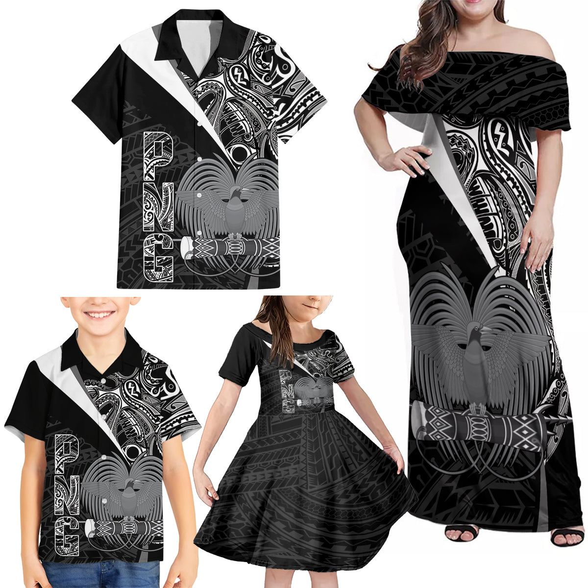 Custom Papua New Guinea Cricket Family Matching Off Shoulder Maxi Dress and Hawaiian Shirt Tribal Bird of Paradise Tattoo LT9 - Polynesian Pride