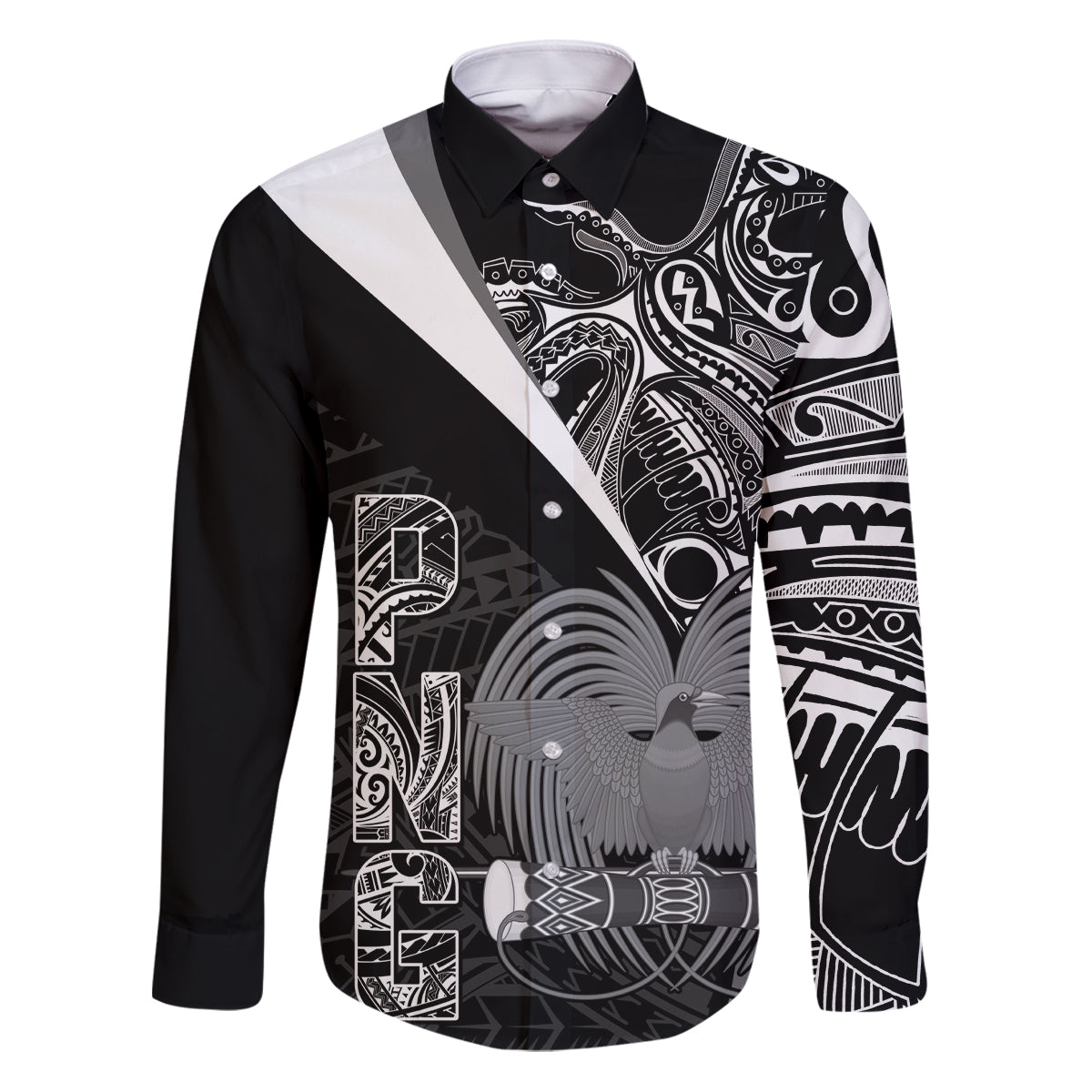 Custom Papua New Guinea Cricket Family Matching Puletasi and Hawaiian Shirt Tribal Bird of Paradise Tattoo LT9 Dad's Shirt - Long Sleeve Black - Polynesian Pride