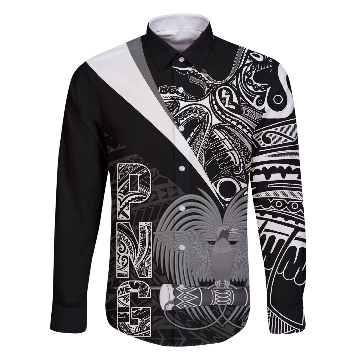 Custom Papua New Guinea Cricket Family Matching Tank Maxi Dress and Hawaiian Shirt Tribal Bird of Paradise Tattoo LT9 Dad's Shirt - Long Sleeve Black - Polynesian Pride