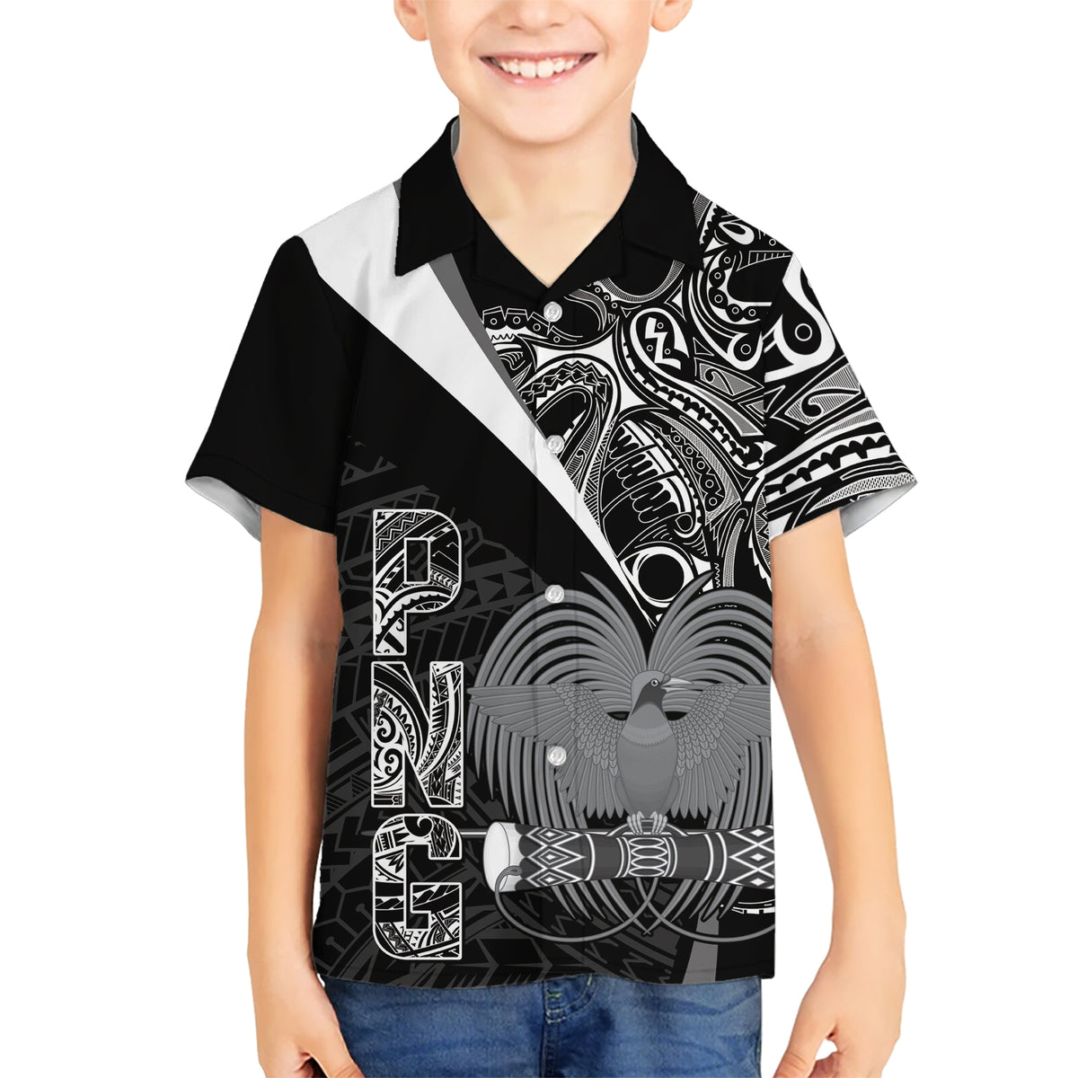 Custom Papua New Guinea Cricket Kid Hawaiian Shirt Tribal Bird of Paradise Tattoo LT9 Kid Black - Polynesian Pride