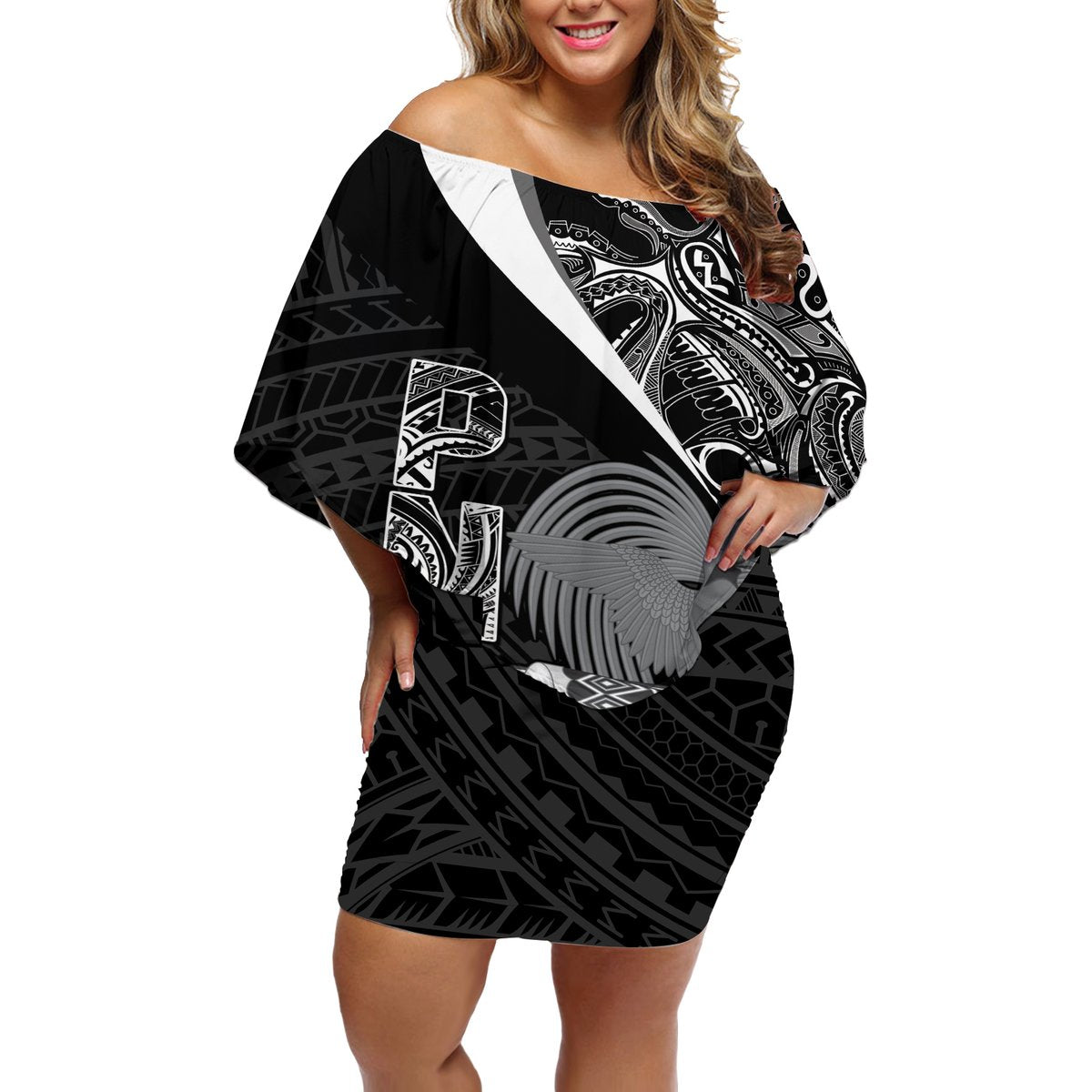 Custom Papua New Guinea Cricket Off Shoulder Short Dress Tribal Bird of Paradise Tattoo LT9 Women Black - Polynesian Pride