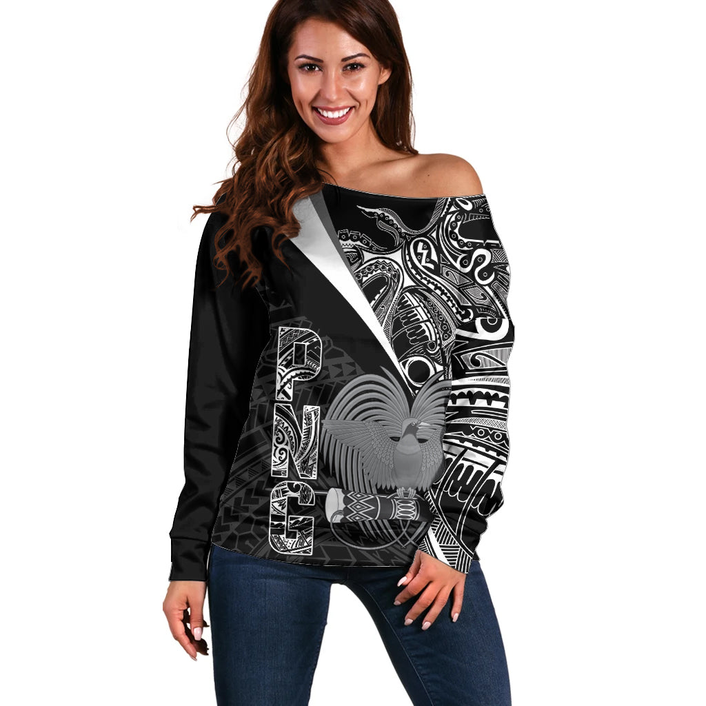 Custom Papua New Guinea Cricket Off Shoulder Sweater Tribal Bird of Paradise Tattoo LT9 Women Black - Polynesian Pride